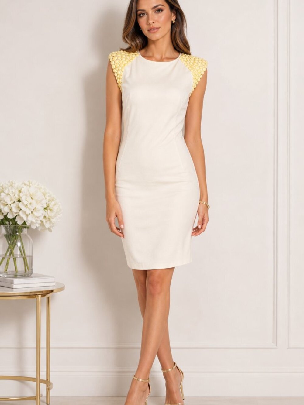 Ted Baker Ivory Bodycon Dress - Embellished Shoulder Cocktail Sheath - Size 6